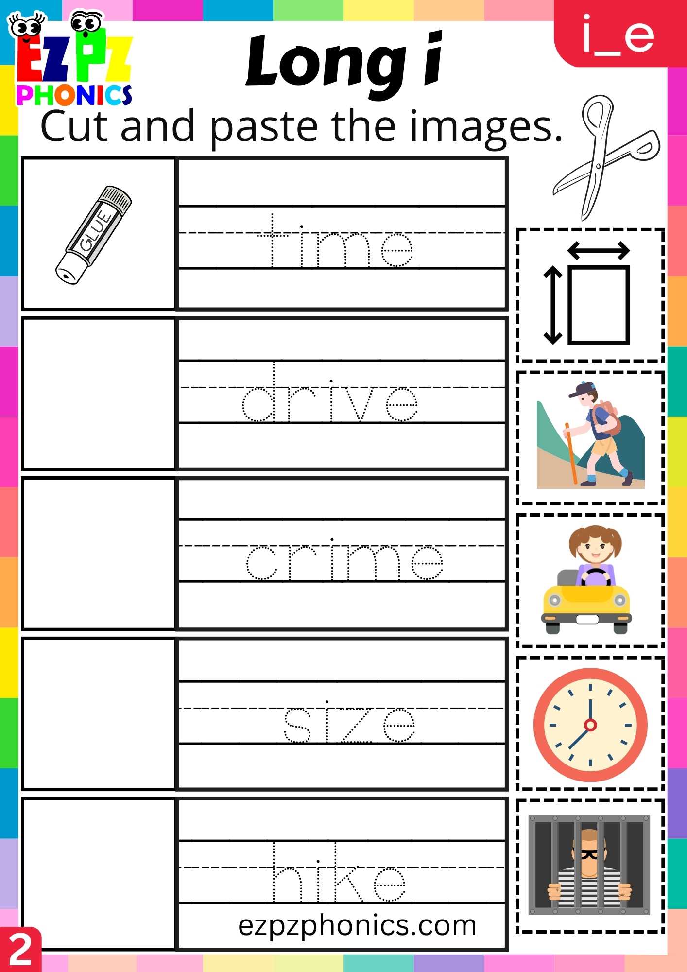 Group2 I_E Words Cut And Paste The Images Long I Phonics Worksheet